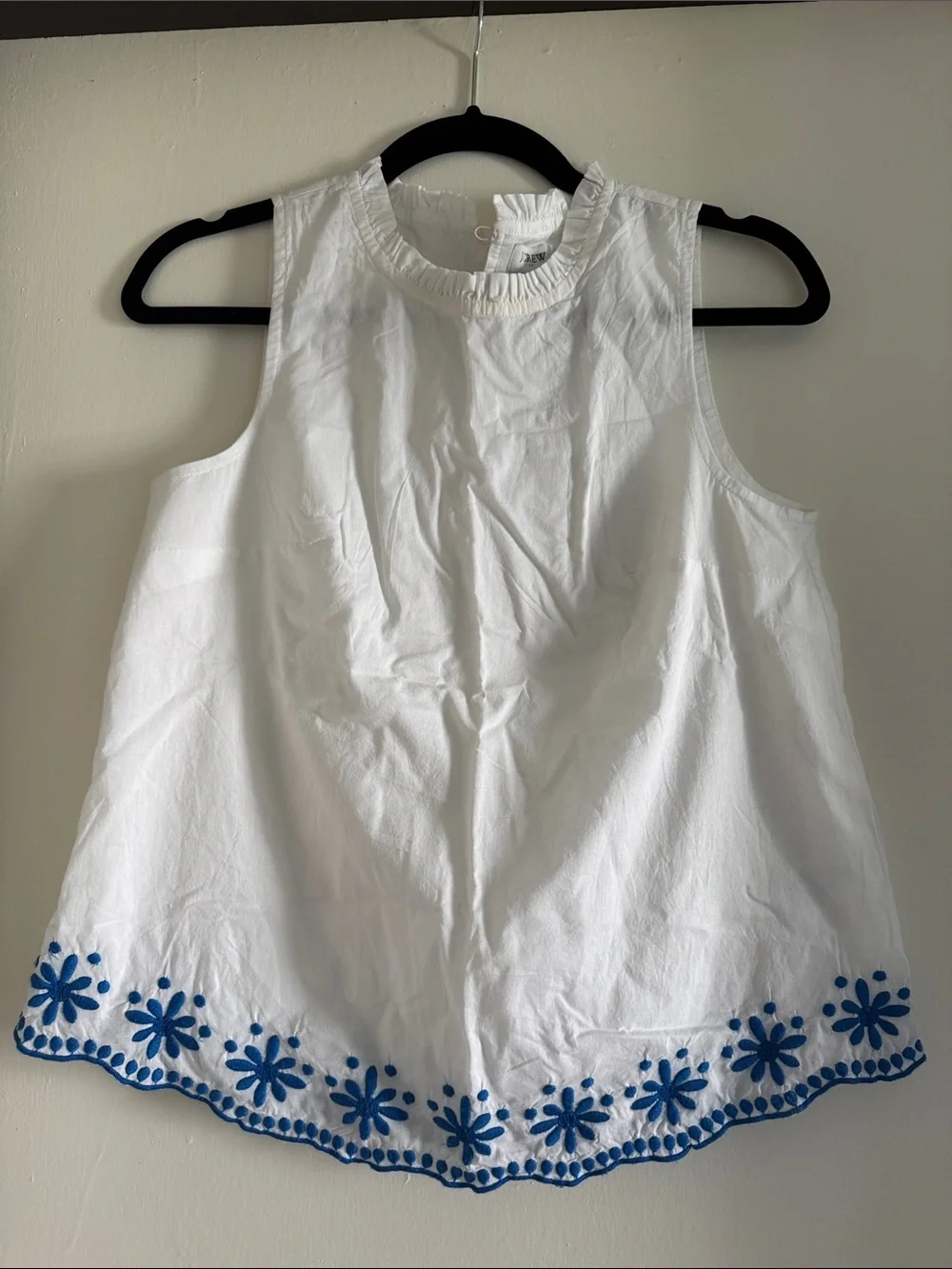 J. Crew White Sleeveless Cotton Tank with Blue Floral Hem